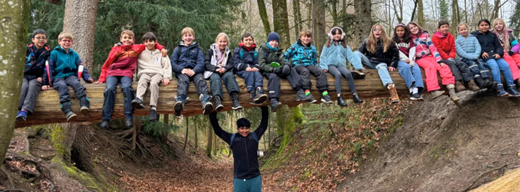 A group of ISZL Primary students gathered together in the forest during an outdoor maths lesson.