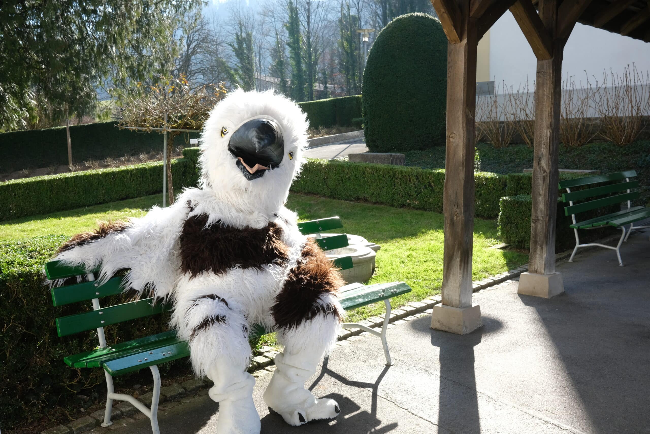 Eddie sitting on a bench on Zug campus