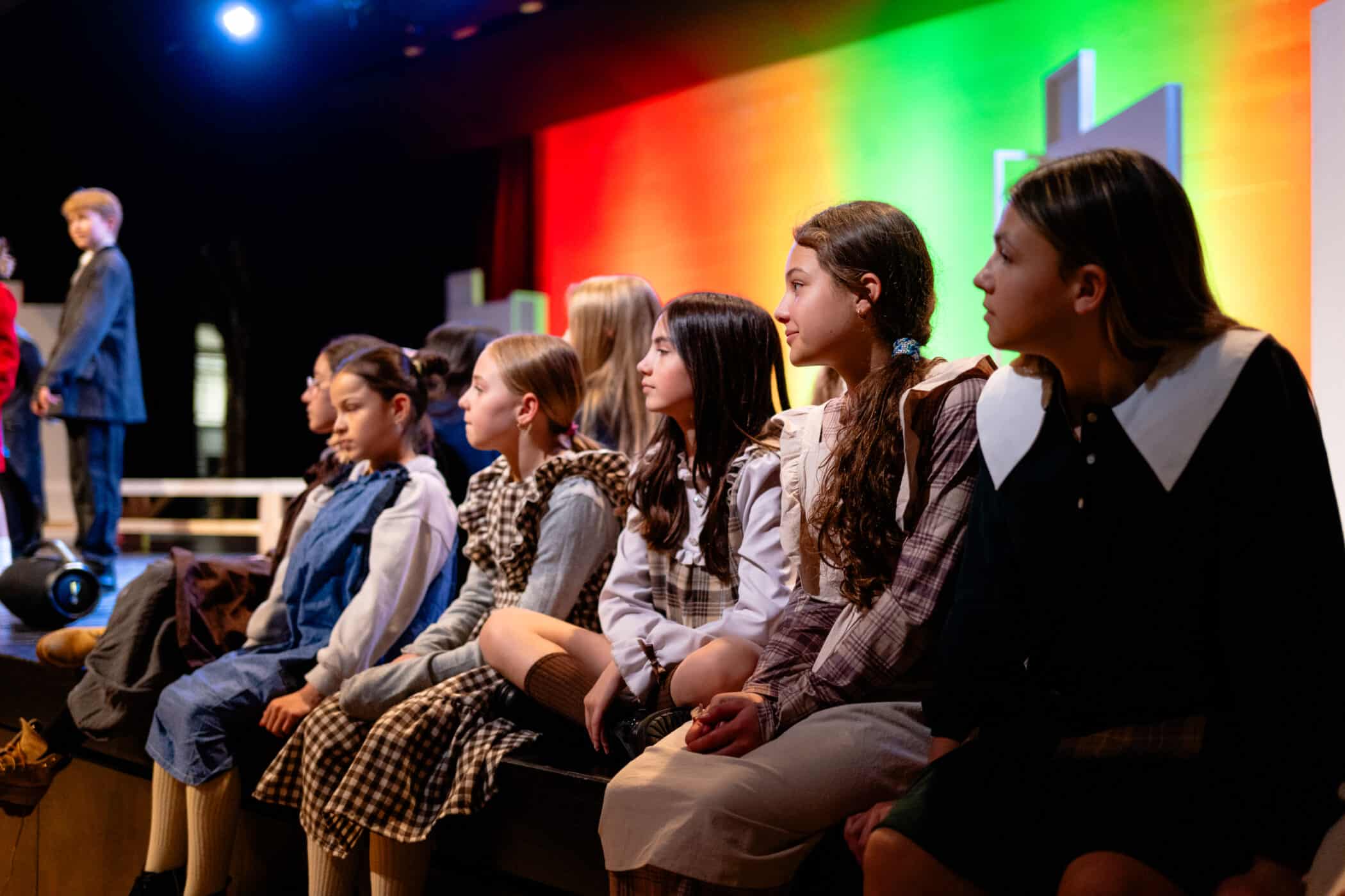 middle school students rehearsing Annie Jr performance
