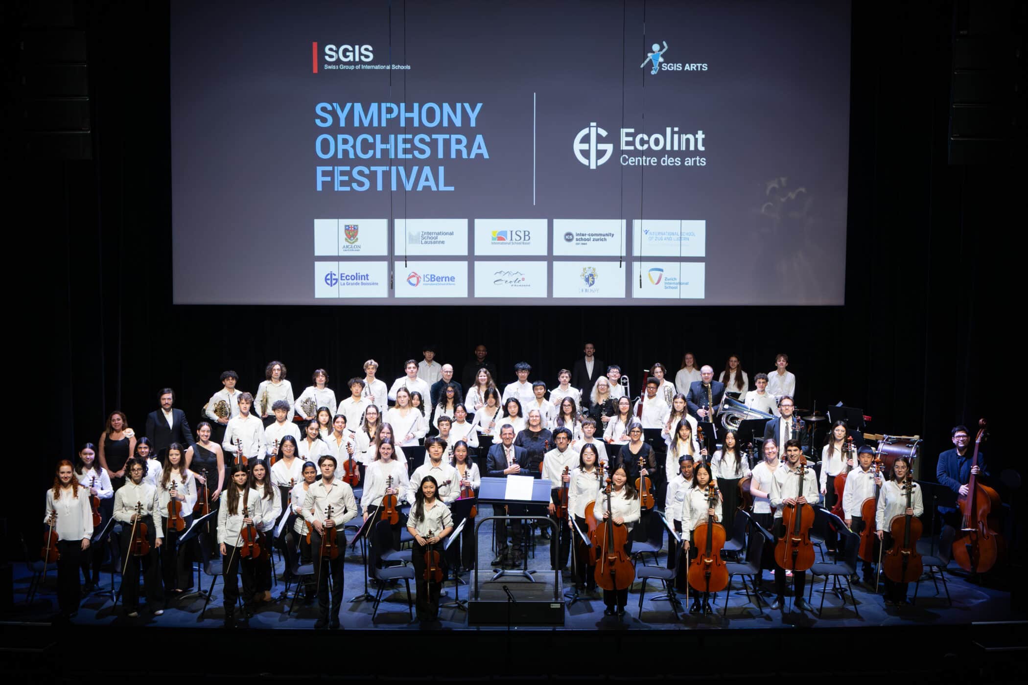 Students performing at SGIS Symphony Orchestra, Ecolint LGB Auditorium.