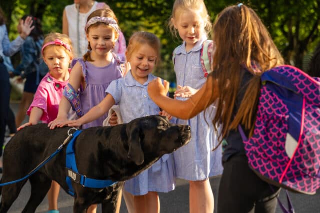Young students smile and reach out to gently pet a black therapy dog on a leash, gathered together in a sunny outdoor setting.