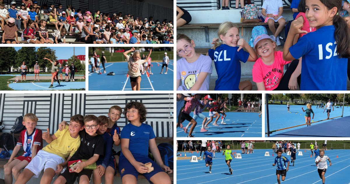 Gallery of ISZL Primary School students taking part in Athletics Day, including running, jumping and throwing events, with classmates cheering and enjoying the day together.