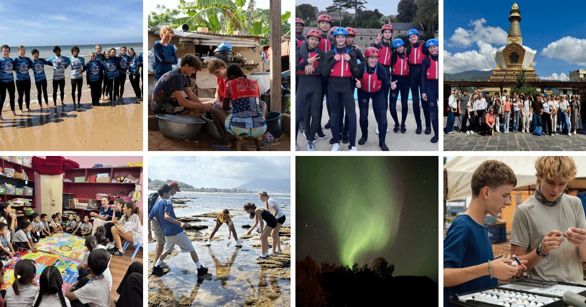 Gallery of ISZL students during Personal Development Week, including beach activities, community service, water sports, cultural visits, outdoor exploration, the Northern Lights and hands-on learning experiences.